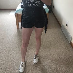 Black leather fringe high waisted cheeky shorts